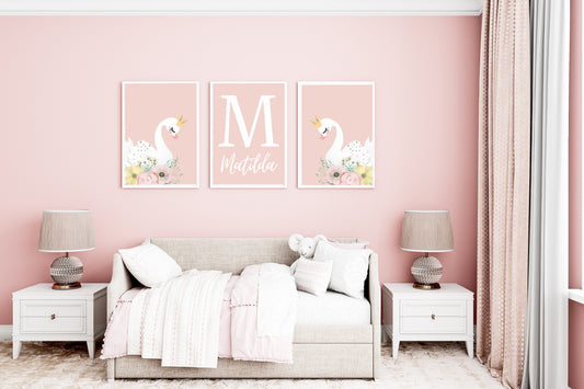 Personalised Nursery Prints | Swan Theme | Set of 3 | Children's Bedroom Prints | Girly Prints