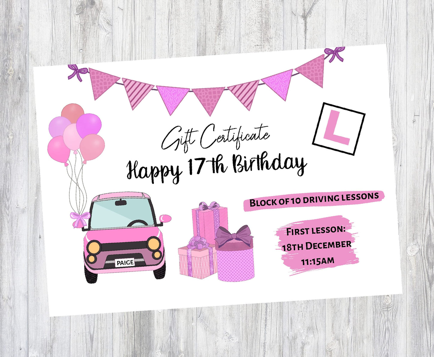 A6 Print | Pink Driving Lesson Gift Certificate | Gift Idea