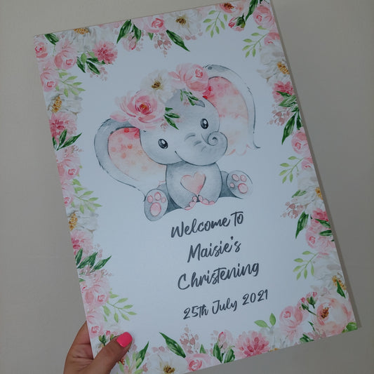 Floral Pink Elephant Welcome Board Sign | Personalised Christening Board | Personalised Birthday Board | Birthday Party Sign | Christening Sign | A4, A3, A2