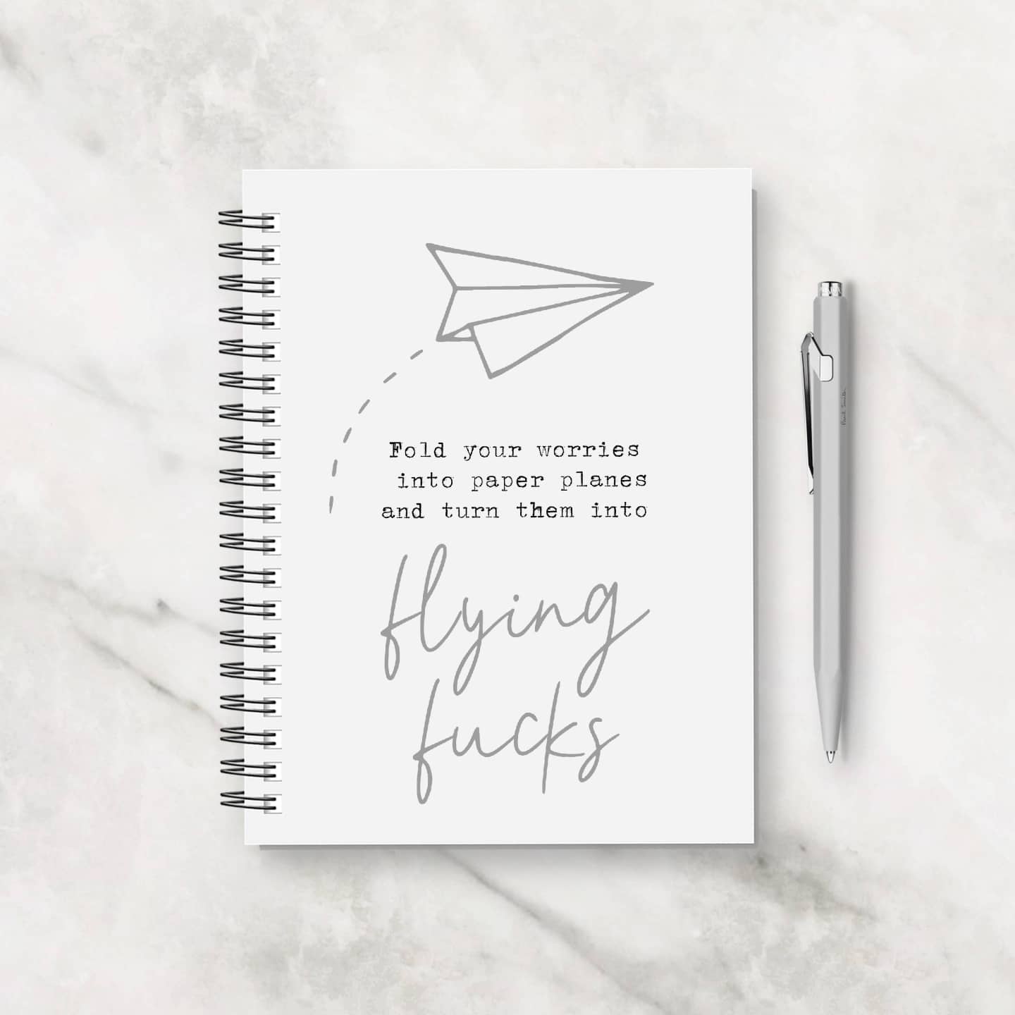 Funny Notebook | Fold Your Worries Into Paper Planes And Turn Them Into Flying Fucks | Pink Grey Notebook Gift