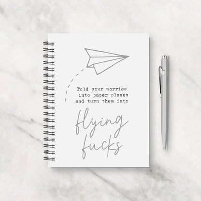 Funny Notebook | Fold Your Worries Into Paper Planes And Turn Them Into Flying Fucks | Pink Grey Notebook Gift