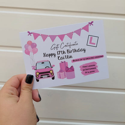 A6 Print | Pink Driving Lesson Gift Certificate | Gift Idea