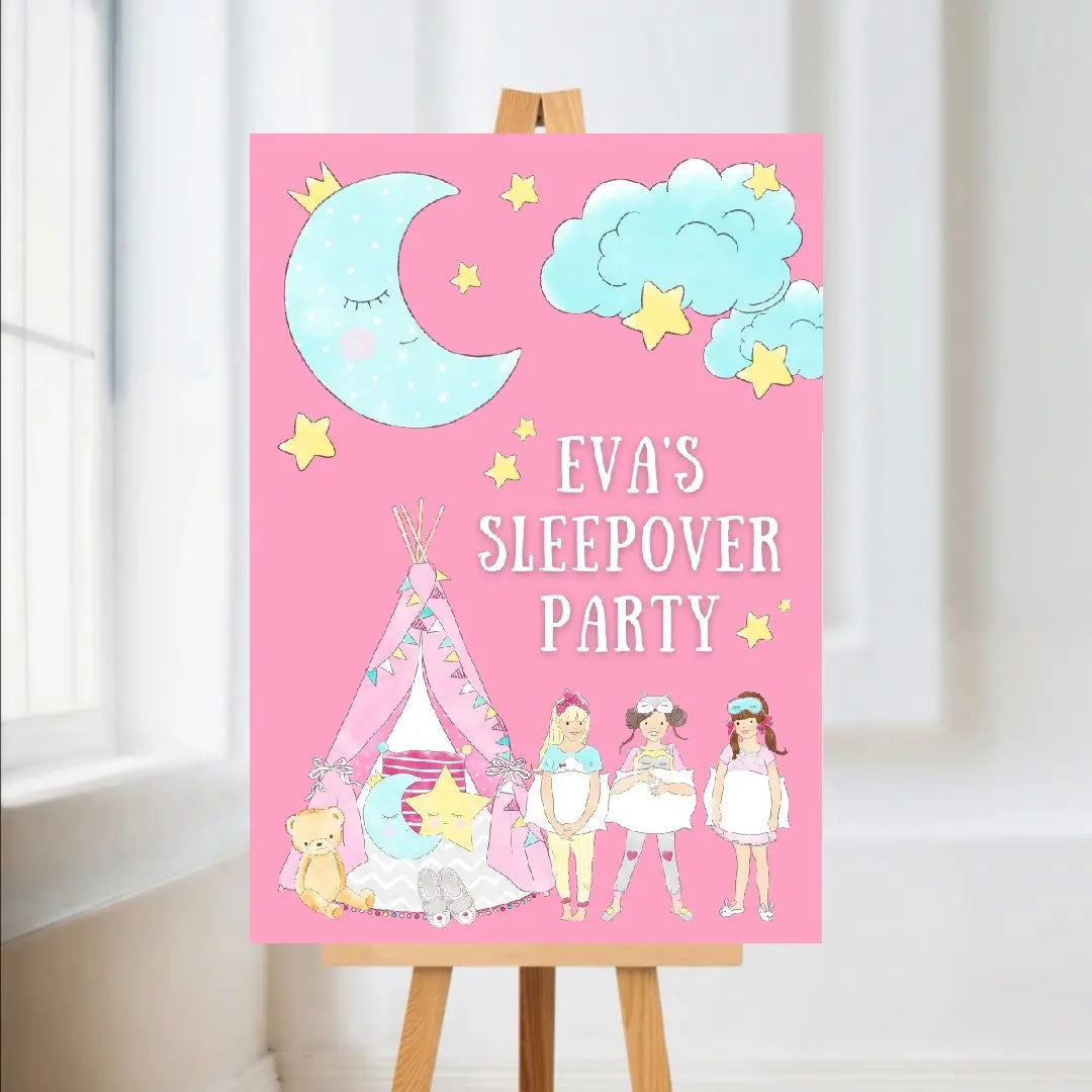 Sleepover, Teepee Welcome Board Sign | Personalised Sleepover Birthday Party Board | Party Sign | A4, A3, A2