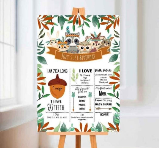 Animal Tribe Welcome Board Sign | Personalised First Birthday | Birthday Party Sign | First Birthday Party Décor | Woodland Animal Party Theme | A4, A3, A2