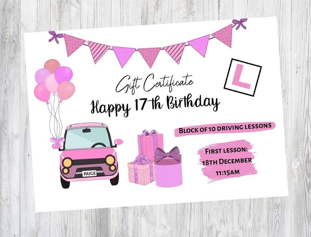 A6 Print | Pink Driving Lesson Gift Certificate | Gift Idea