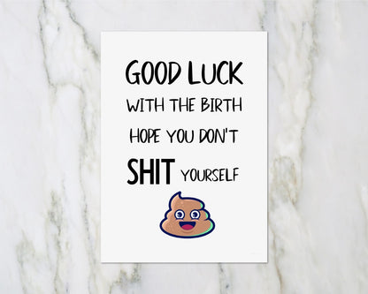 Baby Shower Card | Good Luck With The Birth | Funny Card | New Baby Card - Dinky Designs
